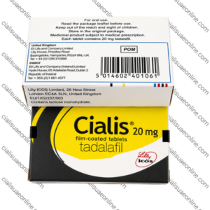 Cialis 20mg tadalafil film-coated tablets packaging with barcode, prescription details, and Lilly ICOS branding design.