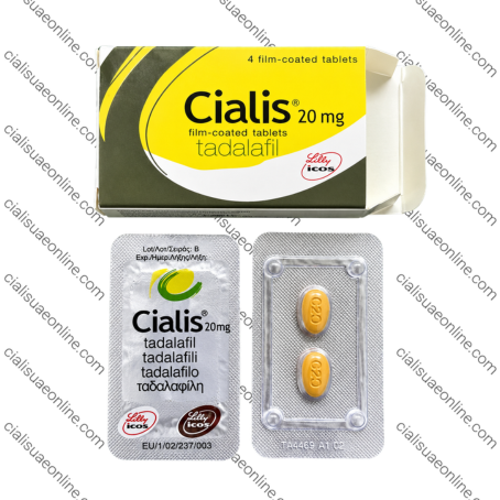 Cialis 20mg tadalafil tablets with blister packs, orange film-coated tablets, and pharmaceutical box packaging design.