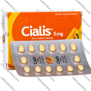 Cialis 5mg tadalafil film-coated tablets with blister pack and orange pharmaceutical box packaging design.