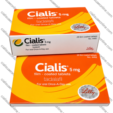 Cialis 5mg tadalafil film-coated tablets boxes with orange and yellow pharmaceutical packaging and Lilly branding.