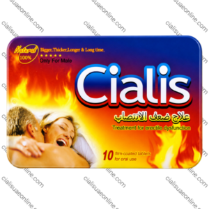 Cialis 10 film-coated tablets packaging with colorful flame graphics and erectile dysfunction treatment branding design.