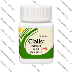 Cialis Tadalafil 100mg bottle with white container, green label design, and 30 tablets pharmaceutical packaging.