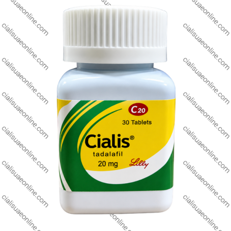 Cialis Tadalafil 20mg bottle with green and yellow label design and 30 tablets pharmaceutical packaging for men.