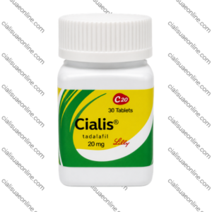 Cialis Tadalafil 20mg bottle with yellow and green label design and 30 tablets pharmaceutical packaging.