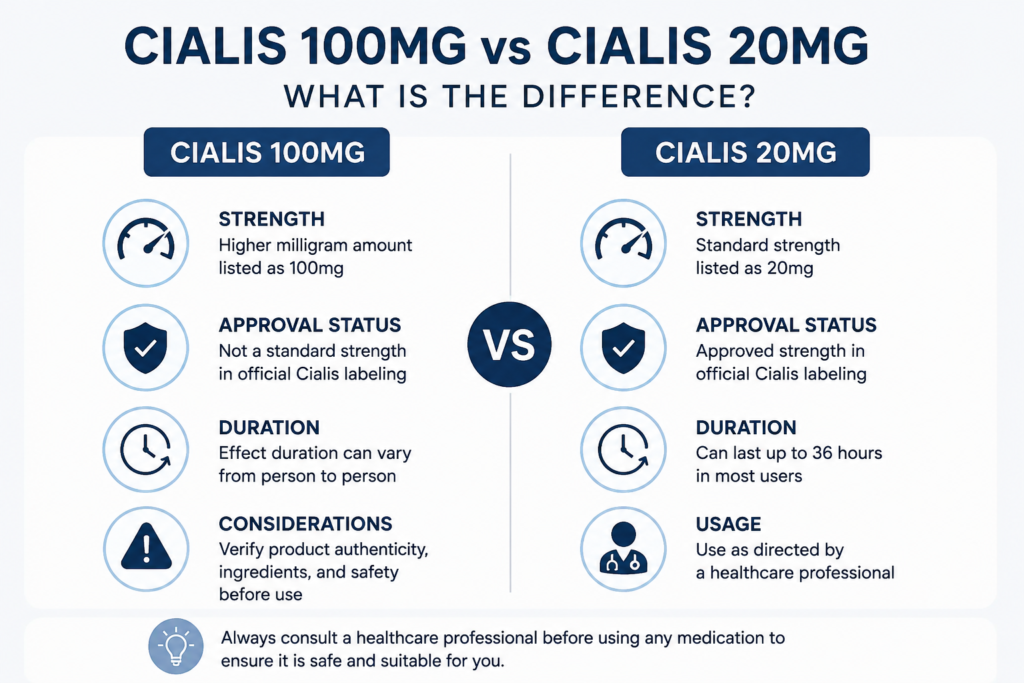 Cialis 100mg vs Cialis 20mg comparison showing key differences in strength and usage